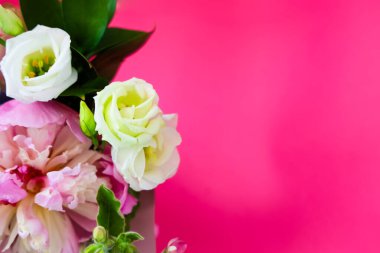 Beyaz güller ve pembe çiçekleri içeren güzel bir çiçek koleksiyonu parlak pembe bir arkaplana sanatsal olarak dizilmiş. Yumuşak renkler dekorasyon için mükemmel neşeli bir atmosfer yaratır..