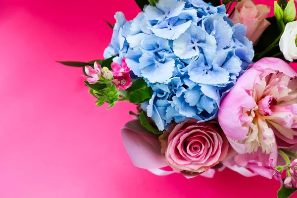 Güzel bir buket çiçek mavi ortancaları pembe gülleri ve narin çiçekleri sergiliyor. Pembe arkaplan, neşeli bir sahne yaratmak için aranjmanın renklerini arttırıyor..