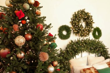 Güzel dekore edilmiş bir Noel ağacı, rahat bir odada renkli süslerle parıldıyor. Zarif çelenkler duvarı süslüyor. Tatil sezonu için davet edilen yere sıcaklık ve şenlik katıyor..