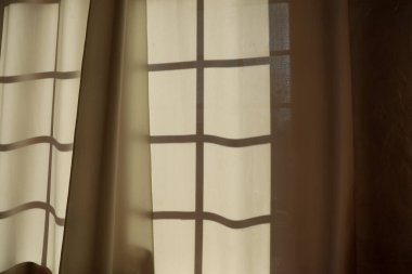 Ilık güneş ışığı perdelerin arasından süzülerek duvarda yumuşak gölgeler oluşturur. Sakin atmosfer, kapalı bir alanda huzurlu bir öğleden sonrayı akla getiriyor..