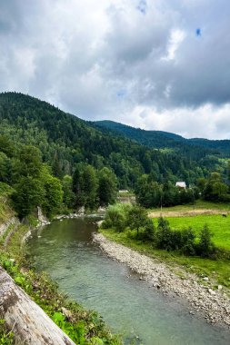Huzurlu bir nehir canlı yeşil tepeler boyunca esiyor. Bulutlar yukarıda süzülür ve sakin bir atmosfer yaratır..