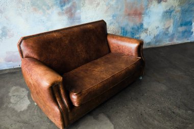 Kahverengi deri bir kanepe bir odada tek başına oturur. Değişik renklerde desenli bir duvarın yanında yer alır. Ayar, basit bir iç mekan sahnesi yaratarak iyi ışık alıyor..