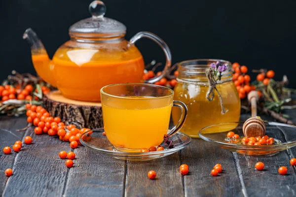 Sea Buckthorn Tea Glass Teacup Teapot Jar Honey Wooden Table — Stock Photo, Image