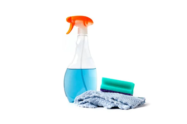 Reiniging Van Huishouden Spray Rag Spons Geïsoleerd Witte Achtergrond — Stockfoto