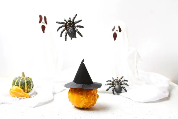 Cadılar Bayramı Cadı Şapkalı Çirkin Kabak İki Hayalet ve Örümcekle Beyaz Arkaplanda. Yan Görünüm.