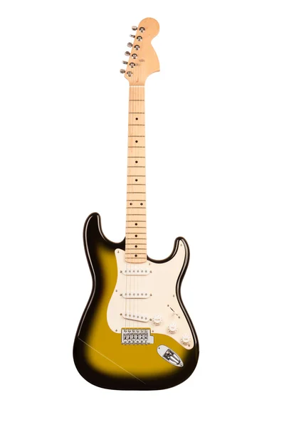 Guitarra eléctrica amarilla de seis cuerdas aislada en blanco —  Fotos de Stock