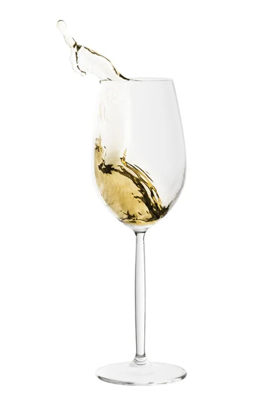 White wine glass with splash of wine isolated on white — Stock Photo, Image