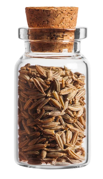 Cumin spice in a little bottle isolated on white background — Stock Photo, Image