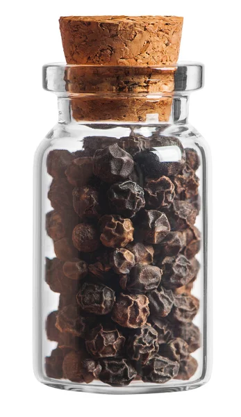 Black pepper spice in a little bottle isolated on white backgrou — Stock Photo, Image