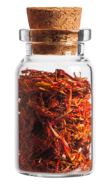 Saffron spice in a little bottle isolated on white background — Stock Photo, Image