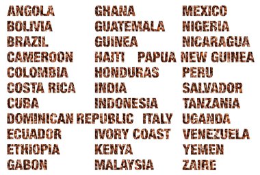Kahve çekirdekleri yazılan kahve ülkeler sözcükler