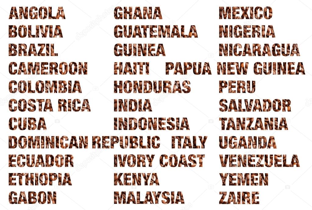 Coffee countries words written coffee beans