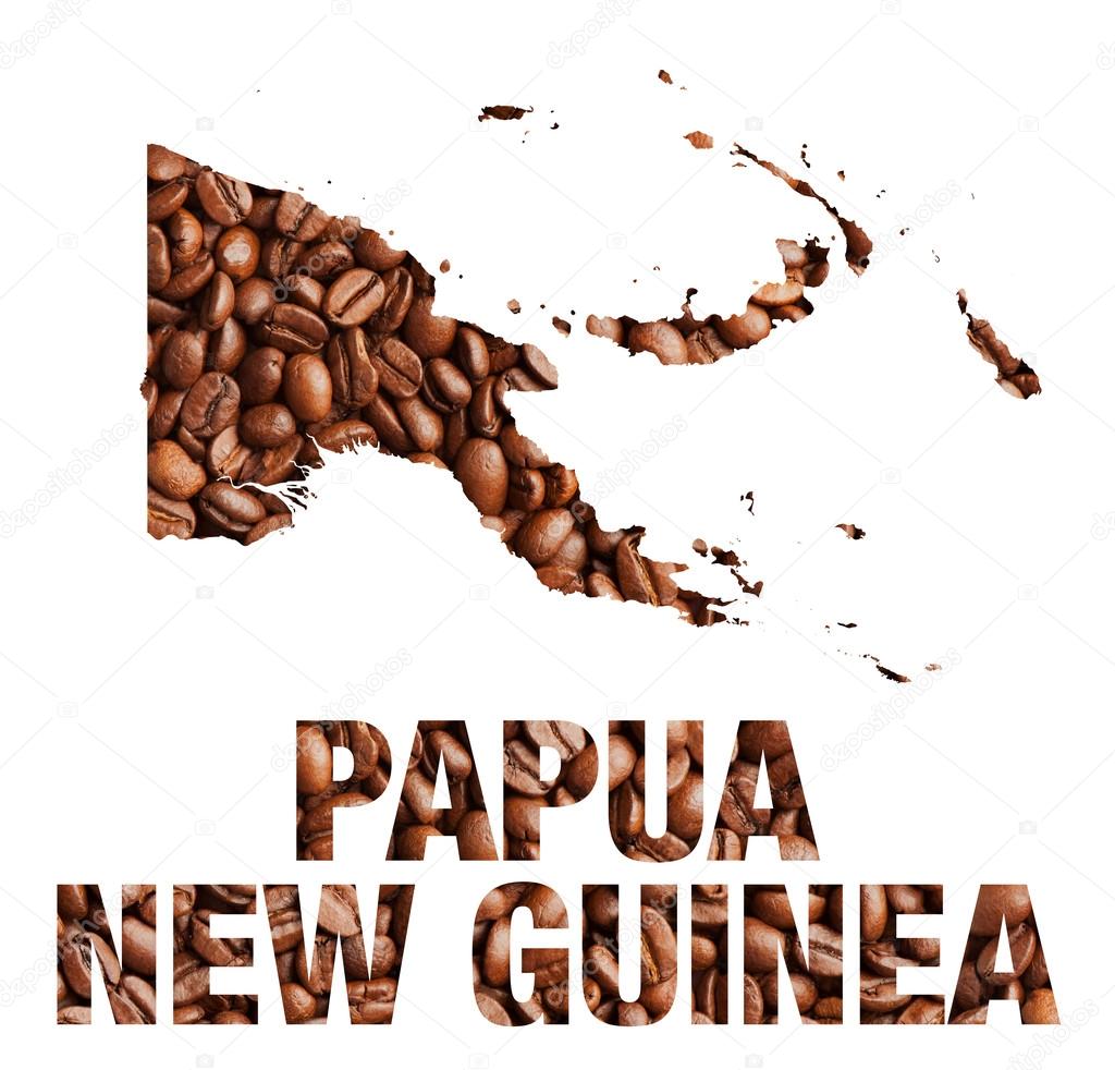 Papua New Guinea map and word coffee beans
