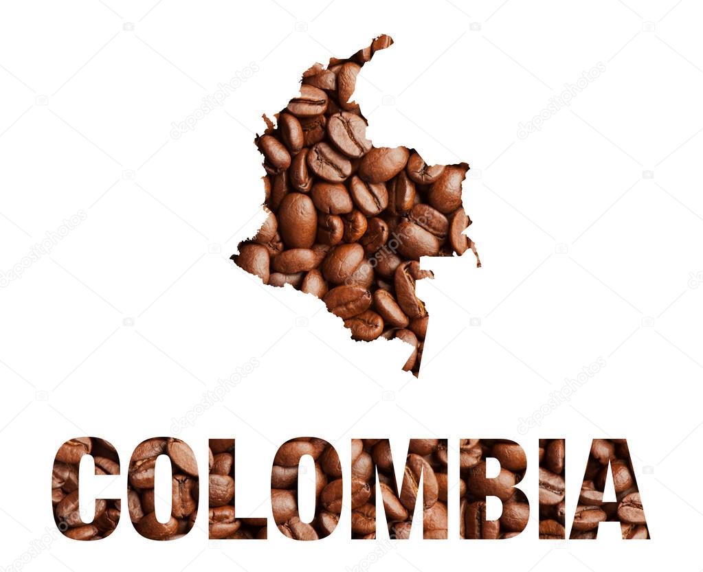 Colombia map and word coffee beans