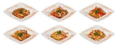 Çin noodle tavuk eti ile ayarla tavada kızartılmış