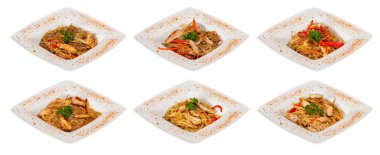 Chinese stir-fried noodles set with chicken meat clipart