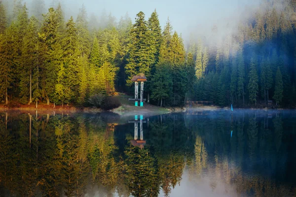 Lago de montaña Synevyr en la luz de la mañana y niebla — Foto de Stock