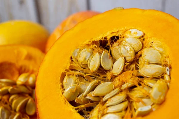 Semillas Calabaza Corte Fresco Calabaza Naranja Madura — Foto de Stock