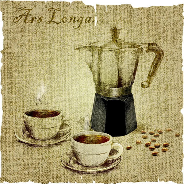 Handzeichnung der Kaffeemaschine und zwei Tassen Kaffee auf der Leinwand. Vektorillustration — Stockvektor