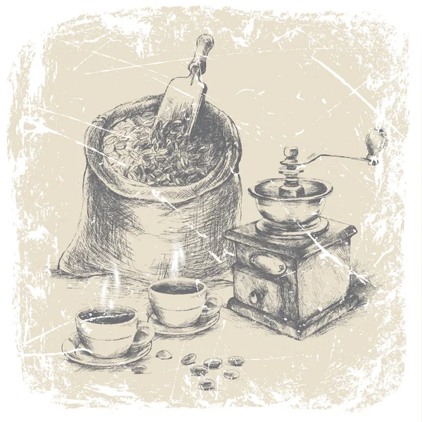 手绘袋咖啡、 老式的咖啡研磨机和两杯咖啡 — 图库矢量图片