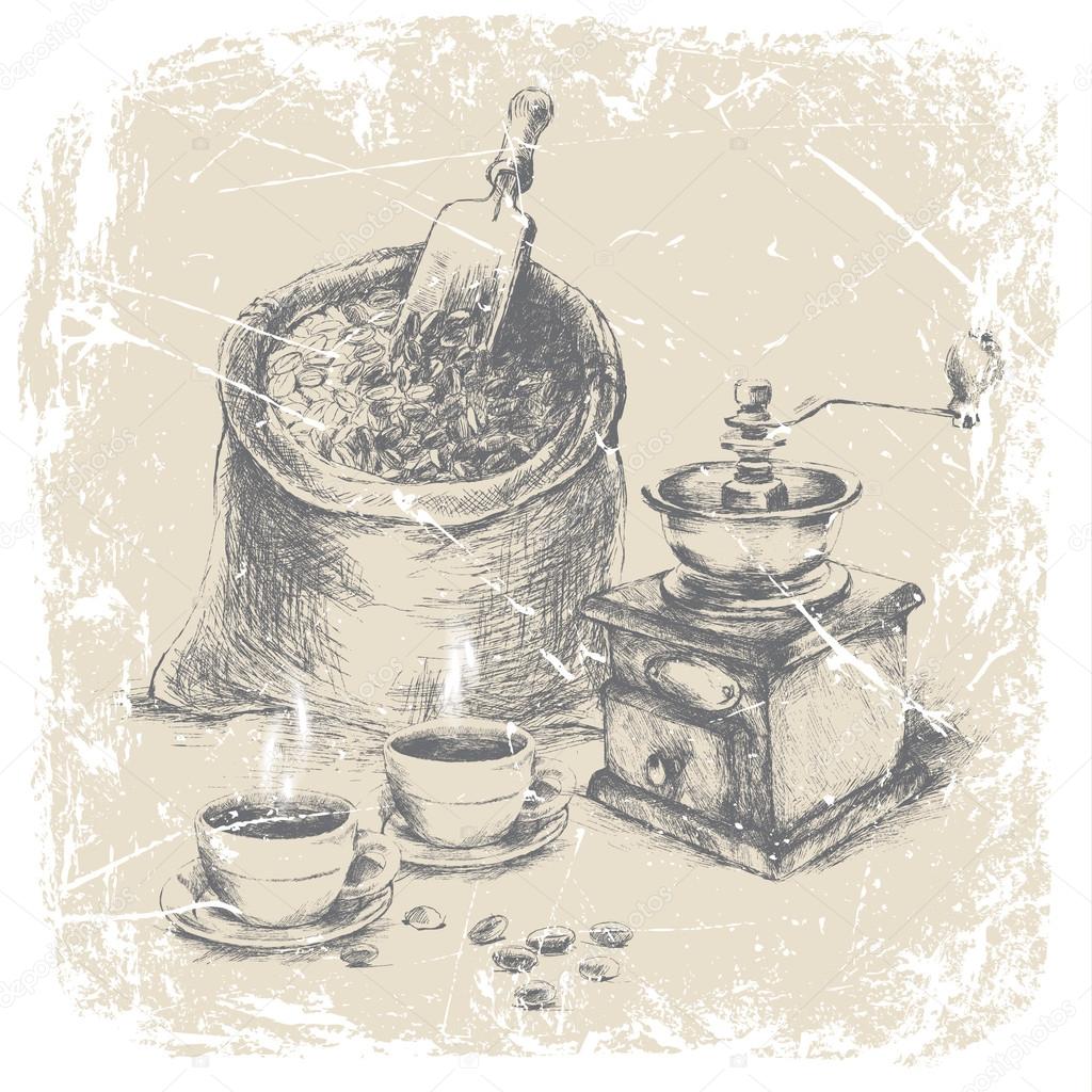 Hand drawing bag of coffee, vintage coffee grinder and two cups of coffee