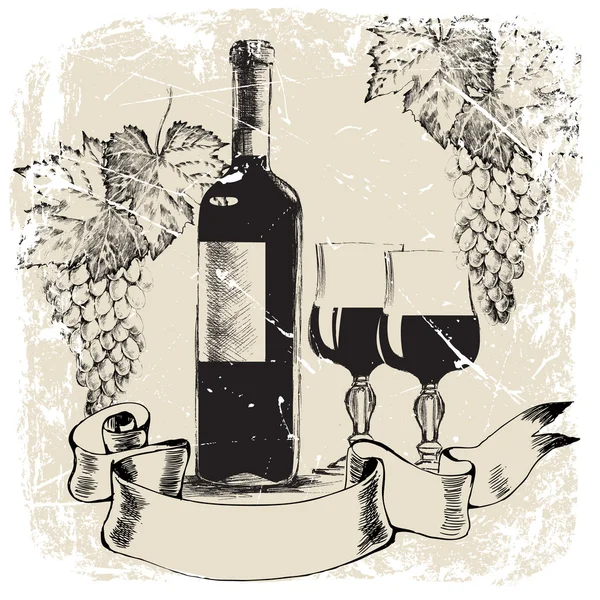 El çizimi şişe şarap, cam, grapes.vector illüstrasyon