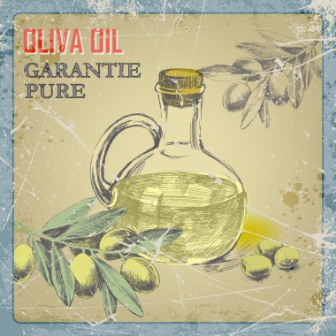 El çekilmiş grunge vintage etiket şişe zeytin oil.vector şekil