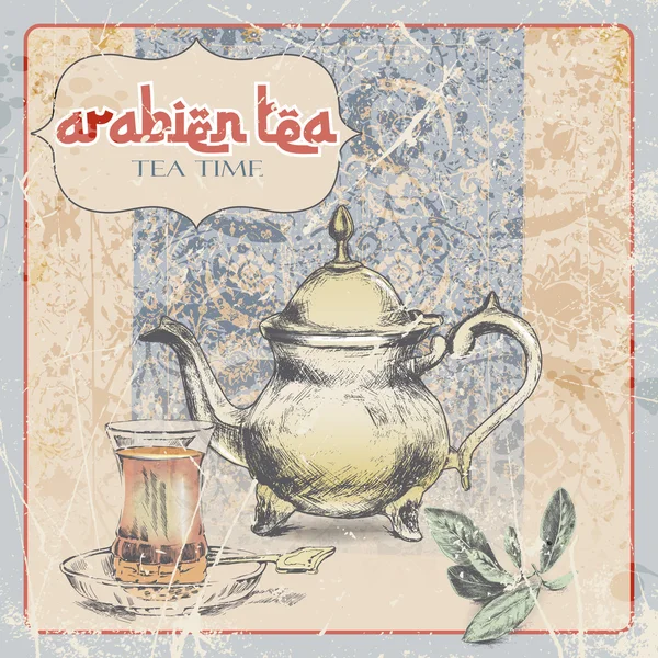 Arapça tea.vector illistration el çekilmiş vintage etiketini — Stok Vektör