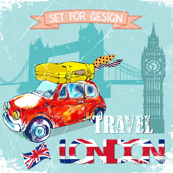 Dibujado a mano, lápiz de color divertido coche rojo, viajar a Londres — Vector de stock