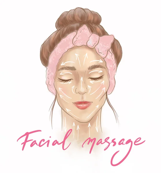 Vackert Ansikte Flicka Med Ett System Massage Linjer Ansiktsvård — Stockfoto