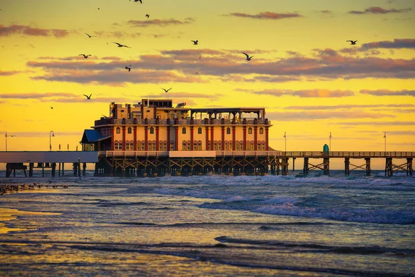 Salida del sol sobre Daytona Beach Main Street Pier, Florida, con una bandada de gaviotas — Foto de Stock