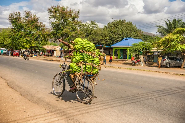 African man traveling on a bike with a bunch of bananas — Stock Photo, Image