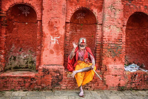 Putování Sádhu Shaiva (světec) v starověký chrám Pashupatinath, Nepál — Stock fotografie