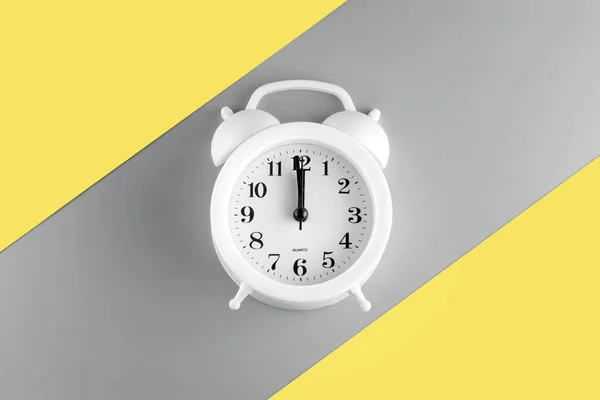 Alarm Clock Ultimate Gray Illuminating Yellow Background Copy Space Bright — Zdjęcie stockowe