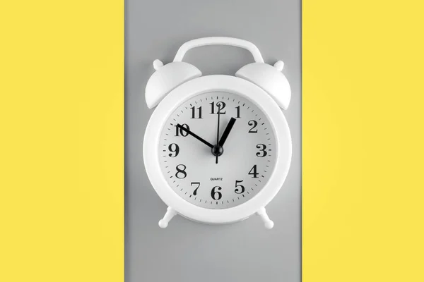 Alarm Clock Ultimate Gray Illuminating Yellow Background Copy Space Bright — Zdjęcie stockowe