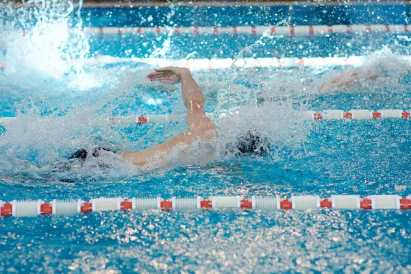 Nadador Gorro Estende Braços Água Durante Treino Peito Piscina Foco — Fotografia de Stock