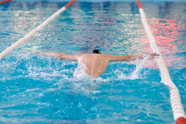 Nadador Acena Seus Braços Água Enquanto Executa Uma Borboleta Uma — Fotografia de Stock