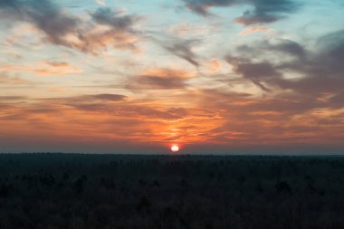 Doğal Günbatımı Orman ya da çayır üzerinde. Parlak güzel gökyüzü ve karanlık yeryüzü. Küçük bulutlar. Soğuk bir hava. Kış sabahı.