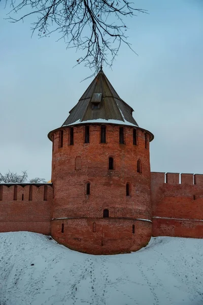 Red Brick Castle Novgorod Kremlin Cold Winter Evening Ancient Structure — Stock Photo, Image