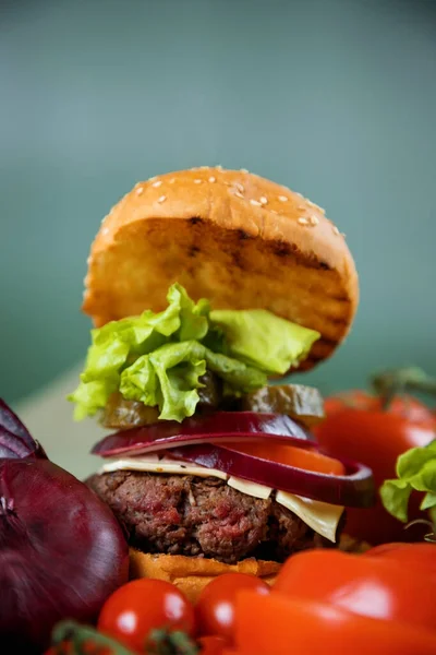 Výborný Burger Zátiší Zeleniny Hamburgerů — Stock fotografie