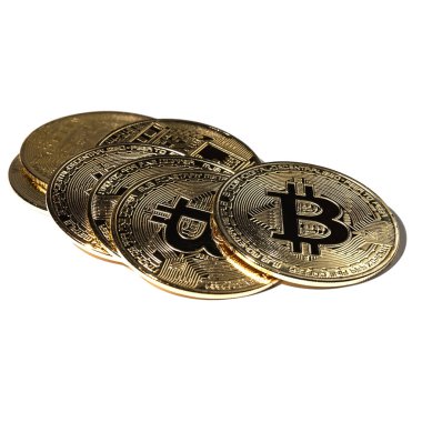 Bitcoin paraları beyaz arkaplanda izole edilir.