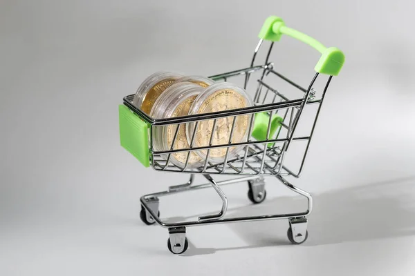 Bitcoin Pièces Dans Mini Chariot Supermarché Crypto Monnaie — Photo