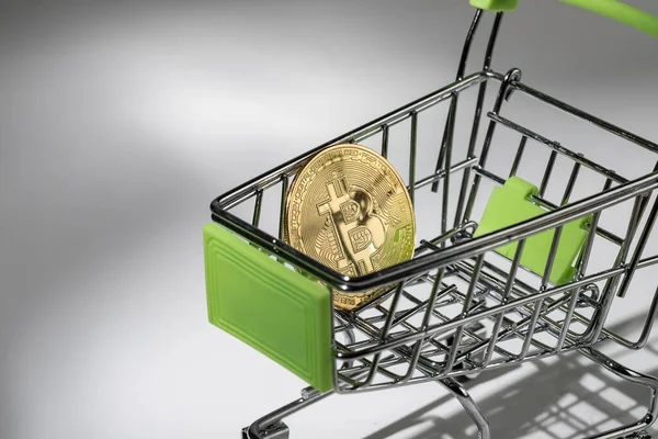 Bitcoin Pièces Dans Mini Chariot Supermarché Crypto Monnaie — Photo