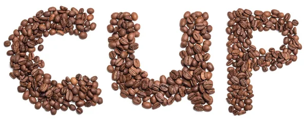 Kupa Kelimesi Kahve Çekirdeklerinden Yapılır Beyaz Arkaplanda Izole — Stok fotoğraf