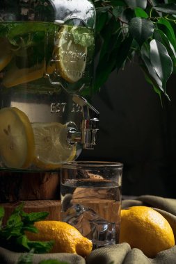 Moskova, Rusya, 27 Haziran 2020. Limon ve naneli soğuk ferahlatıcı su. Ev yapımı limonata. Karanlık bir arka planda hayat.