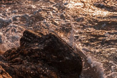 Kaya sahili. Doğal arka plan. Sahilde yaz akşamı.