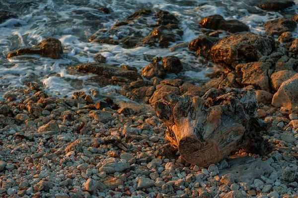 Deniz Kıyısındaki Taşlar Gün Batımında Rocky Sahili Doğal Arkaplan — Stok fotoğraf