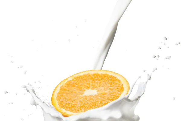 Orange Falling On Milk Splash — Stock Photo, Image