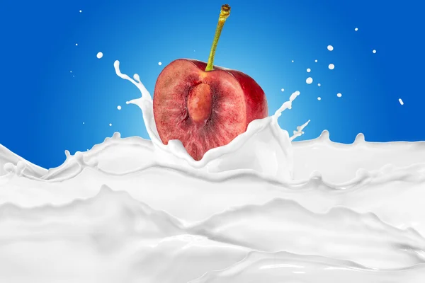 Cherry Falling On Milk Splash — Stok Foto