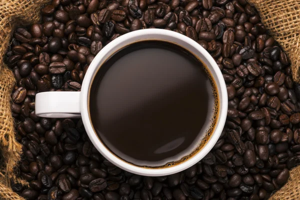 Kubek gorącej kawy na ziarna kawy — Zdjęcie stockowe